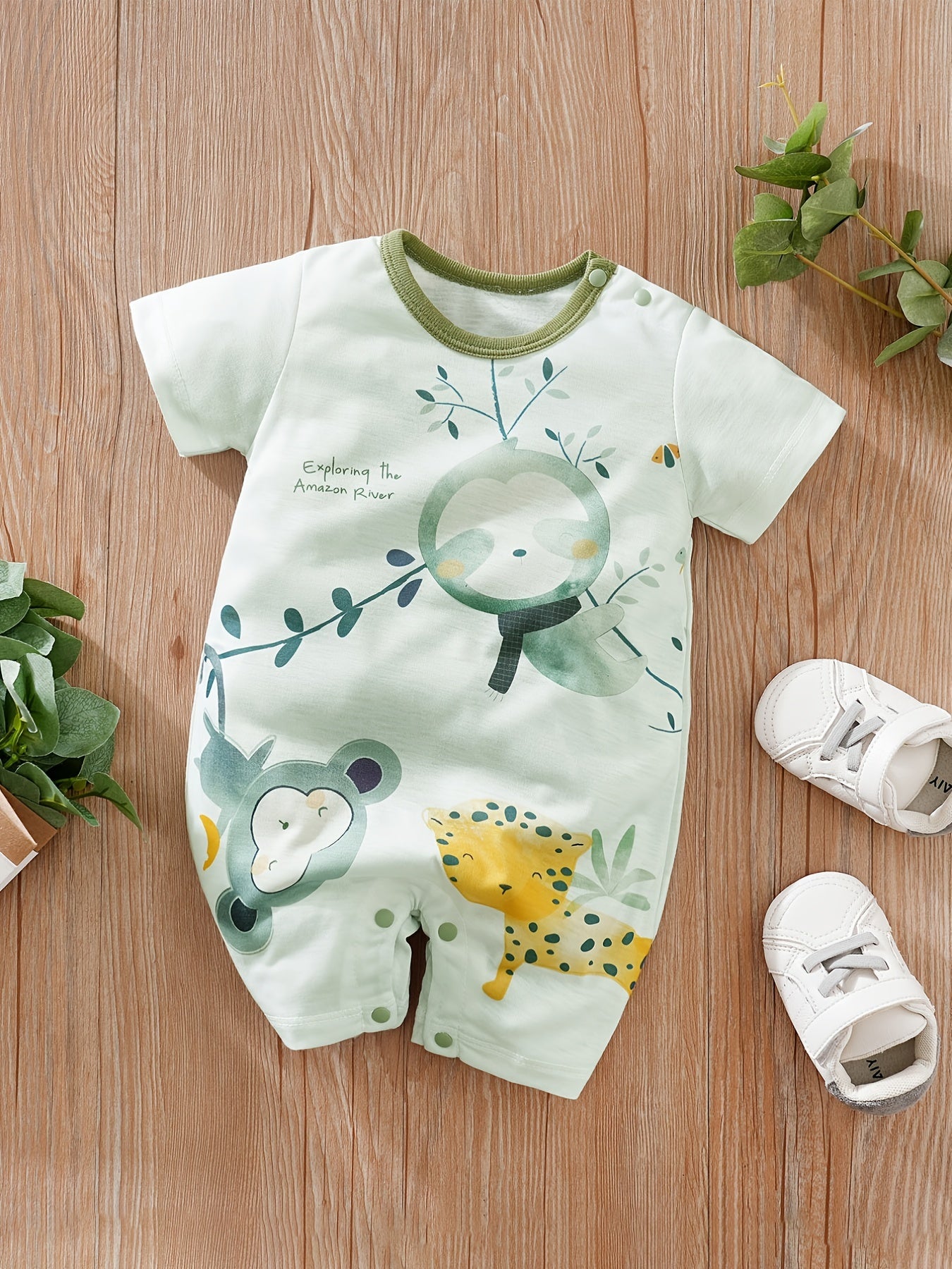 Animal Print Romper for Baby Boys, Short Sleeve Jumpsuit
