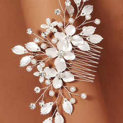 Bride Wedding Flower Hair Comb Silvery Faux Pearl Headpiece