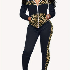 Leopard Print Casual Two piece Set Hooded Tops & Long Length S