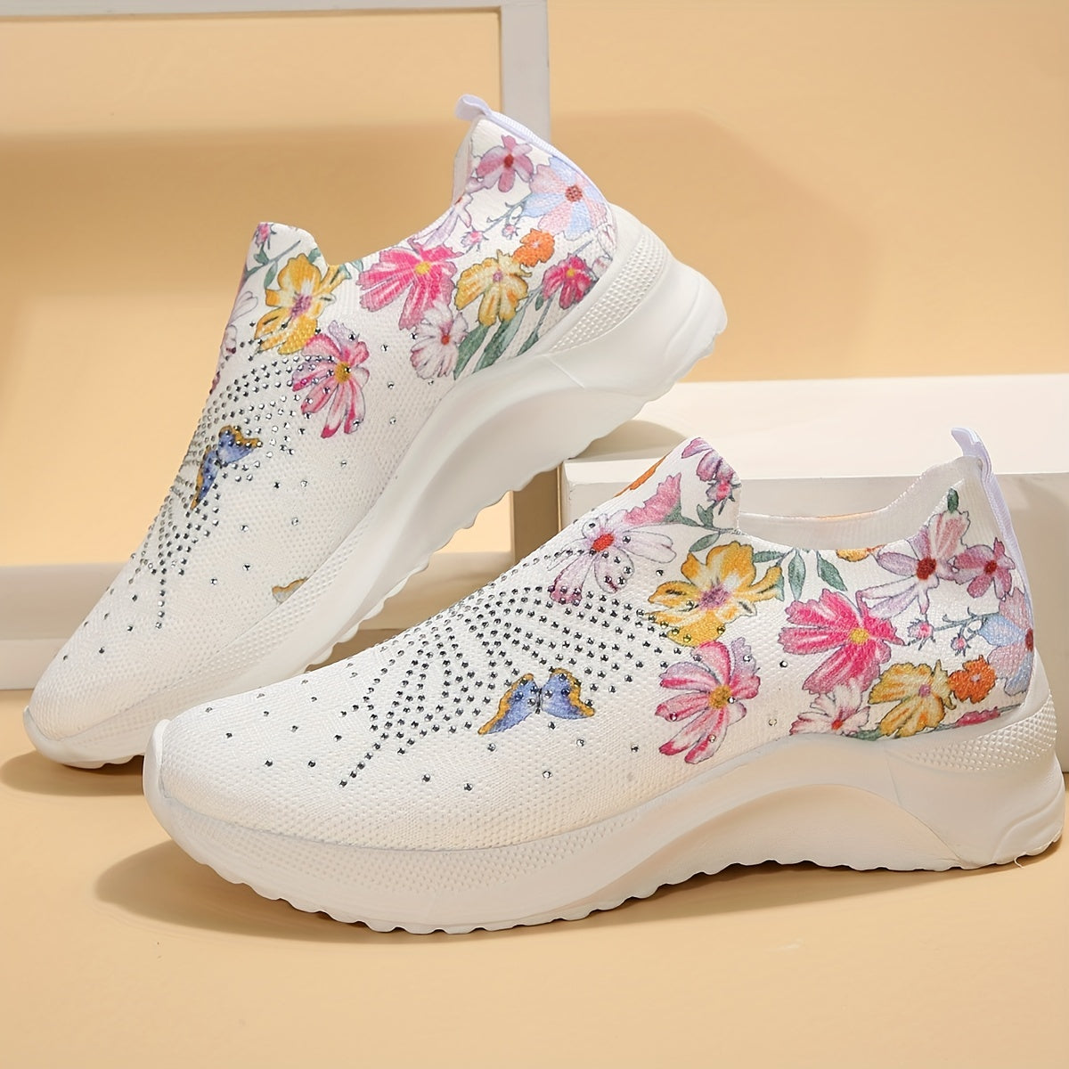 Women's Rhinestone Platform Sneakers Casual Flower & Butterfly Shoes