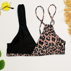Leopard Print Bikini Top V Neck Beachwear Swimwear