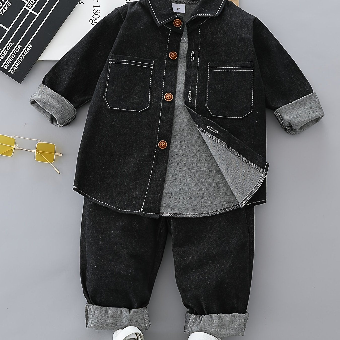 Boy's Denim Shirt & Pants Set Street Style Outfits For Spring Fall