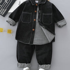 Boy's Denim Shirt & Pants Set Street Style Outfits For Spring Fall