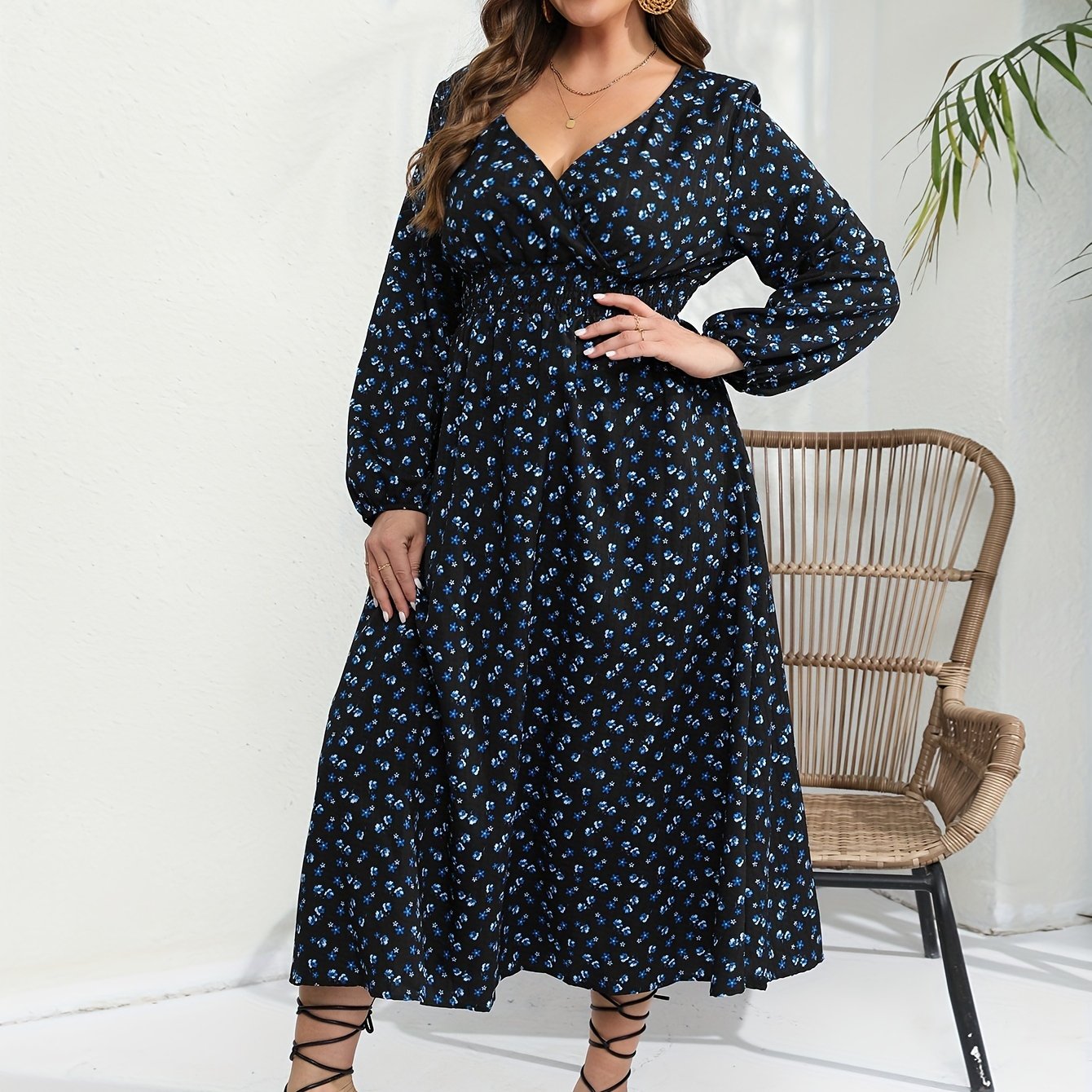 Ditsy Print Long Sleeve Maxi Dress