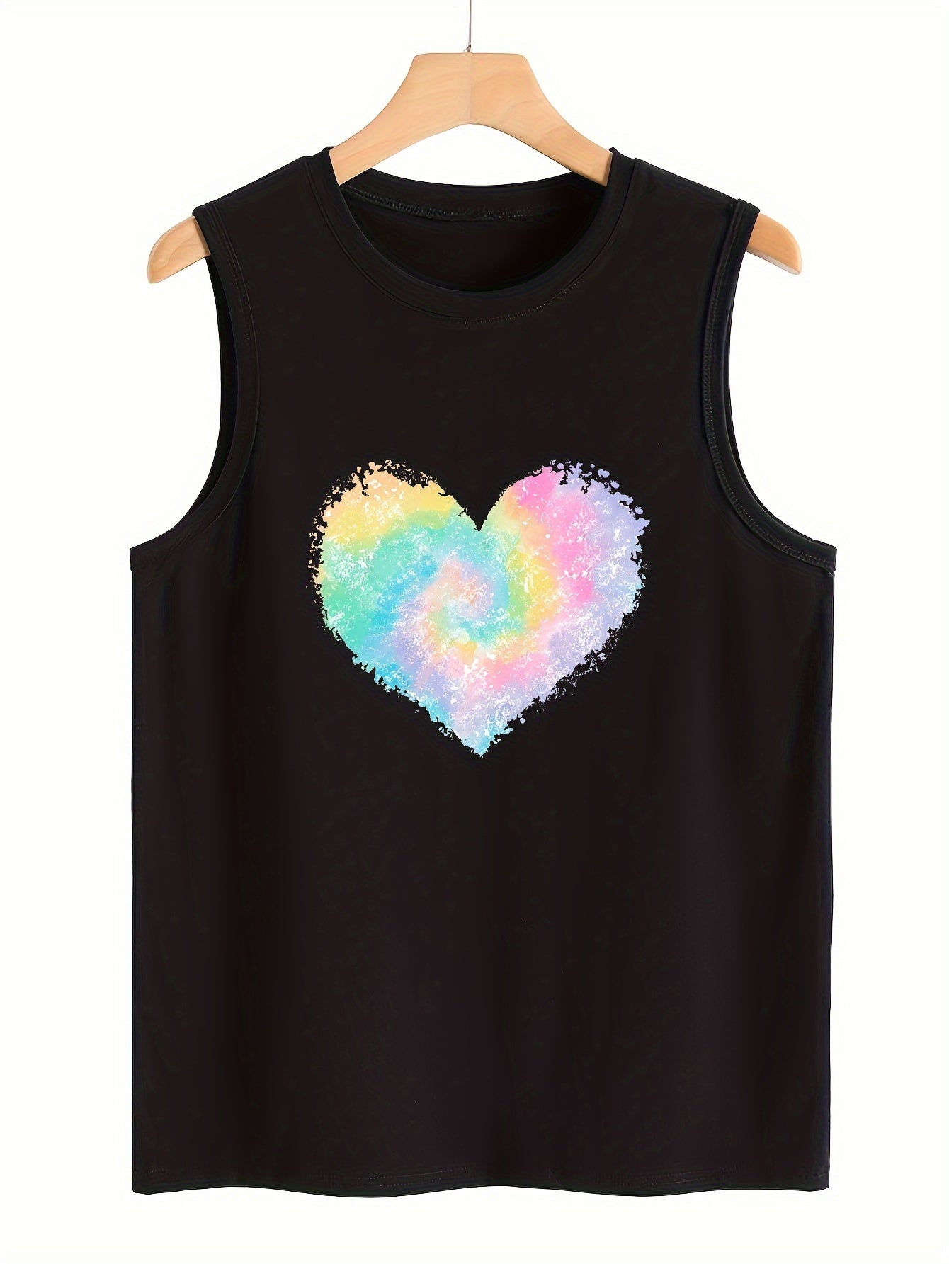 Heart Print Sleeveless Sports Vest Round Neck Casual Tops