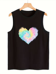 Heart Print Sleeveless Sports Vest Round Neck Casual Tops