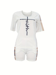 Plaid Two-piece Set Faith Print Tops & Workout Shorts Outfits
