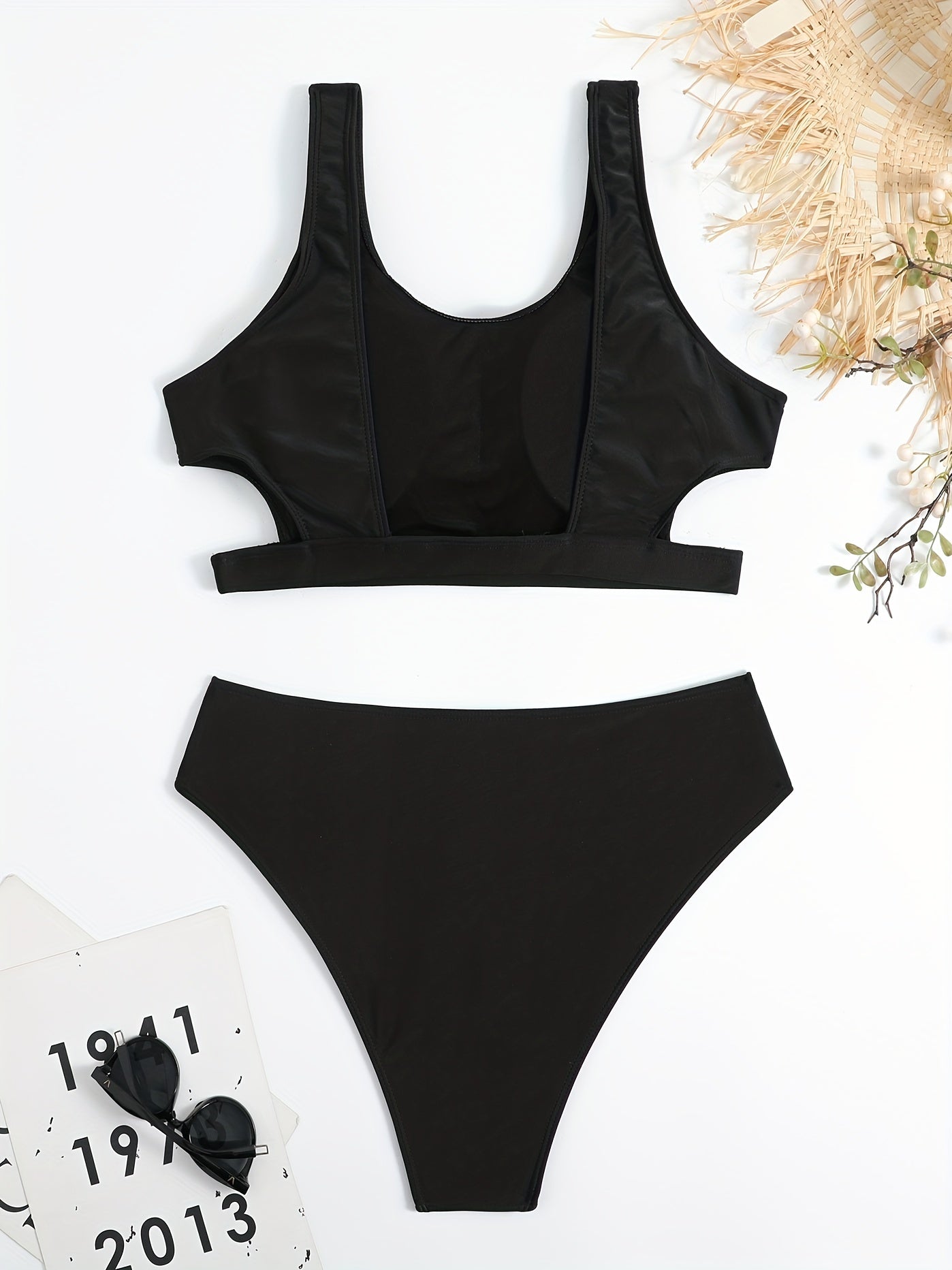 Sexy Bikini Set Women's Solid Cut Out Tank Top & Brief Two Piece