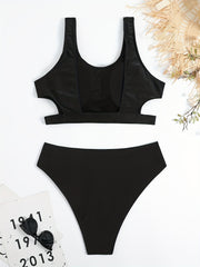 Sexy Bikini Set Women's Solid Cut Out Tank Top & Brief Two Piece