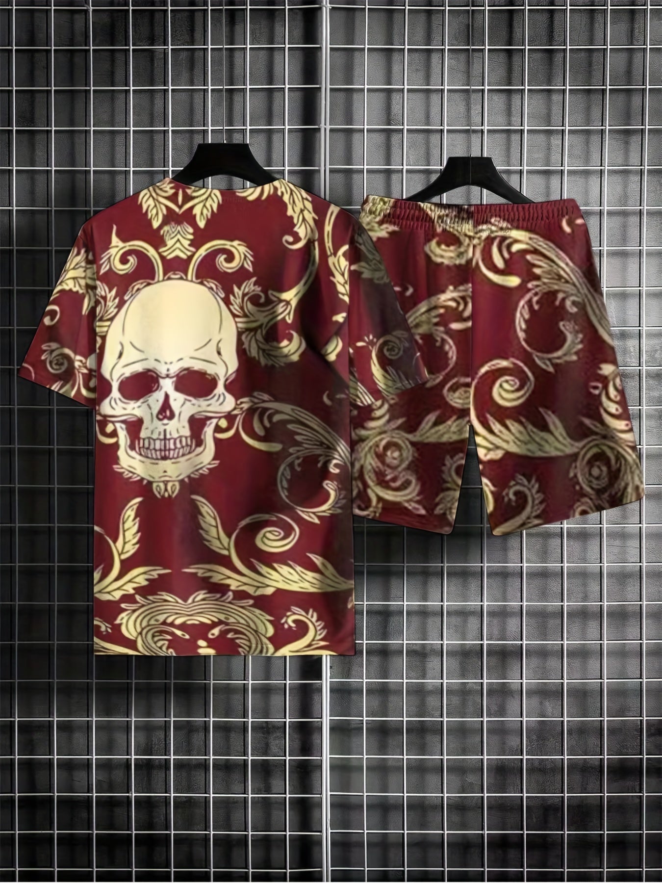 Men's Casual Floral Skull T shirt & Stretch Shorts For Outdoor