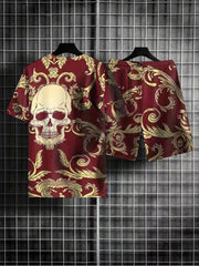 Men's Casual Floral Skull T shirt & Stretch Shorts For Outdoor