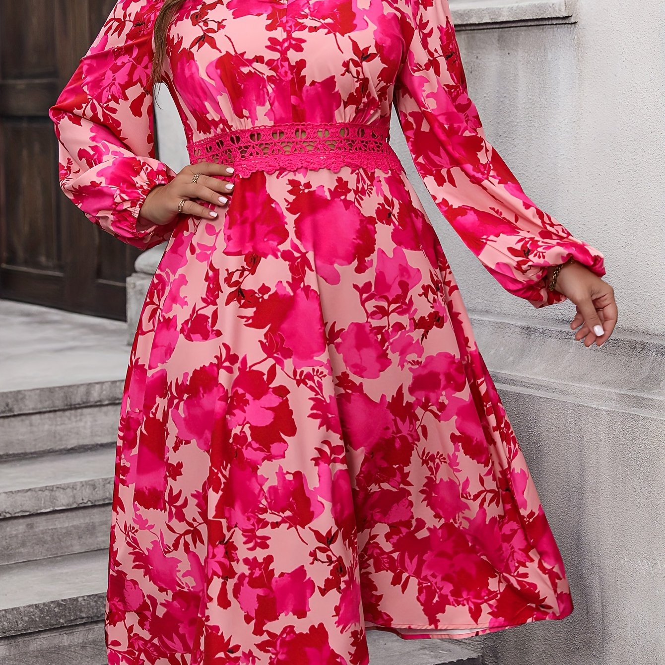 Women's Floral Print Lace Trim Lantern Sleeve V Neck A-line Dress