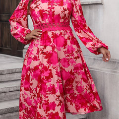 Women's Floral Print Lace Trim Lantern Sleeve V Neck A-line Dress