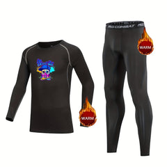 Kids Compression Fleece Sets Cartoon Print Pullover Elastic Waist