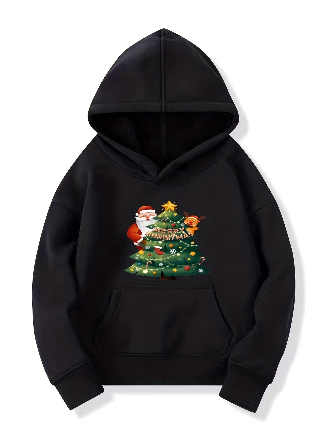 Girls Santa Print Hooded Sweatshirt Casual Pullover for Party Holiday