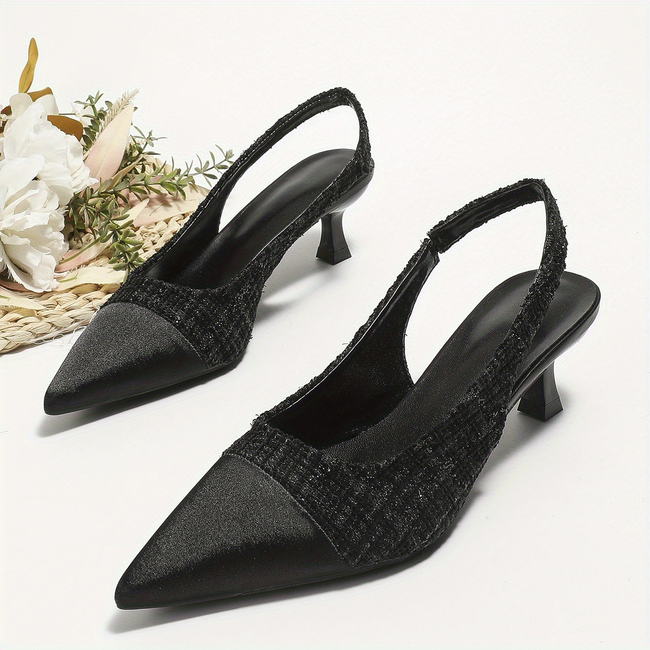 Tweed Kitten Heels Cap Top Slip On Pointed Toe Slingback Dress Sandals