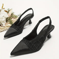 Tweed Kitten Heels Cap Top Slip On Pointed Toe Slingback Dress Sandals