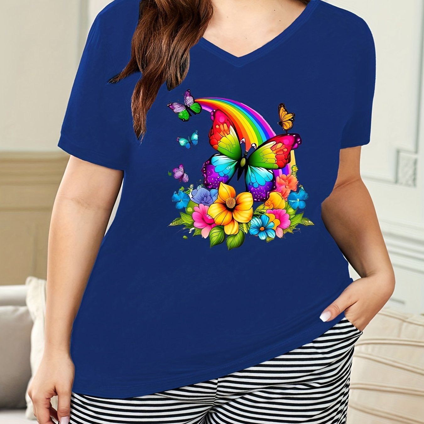 Women's Plus Rainbow & Butterfly Print V Neck Pajama Top