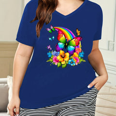 Women's Plus Rainbow & Butterfly Print V Neck Pajama Top