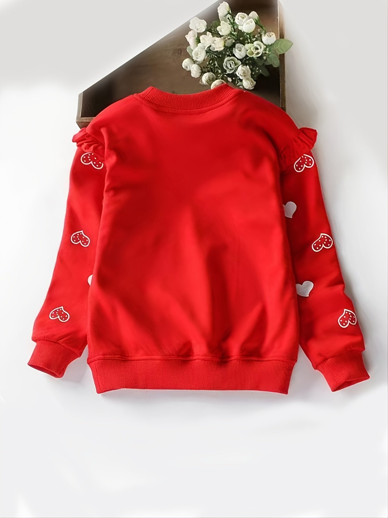 Girls Cat & Heart Print Cotton Pullover Sweatshirt