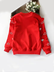 Girls Cat & Heart Print Cotton Pullover Sweatshirt