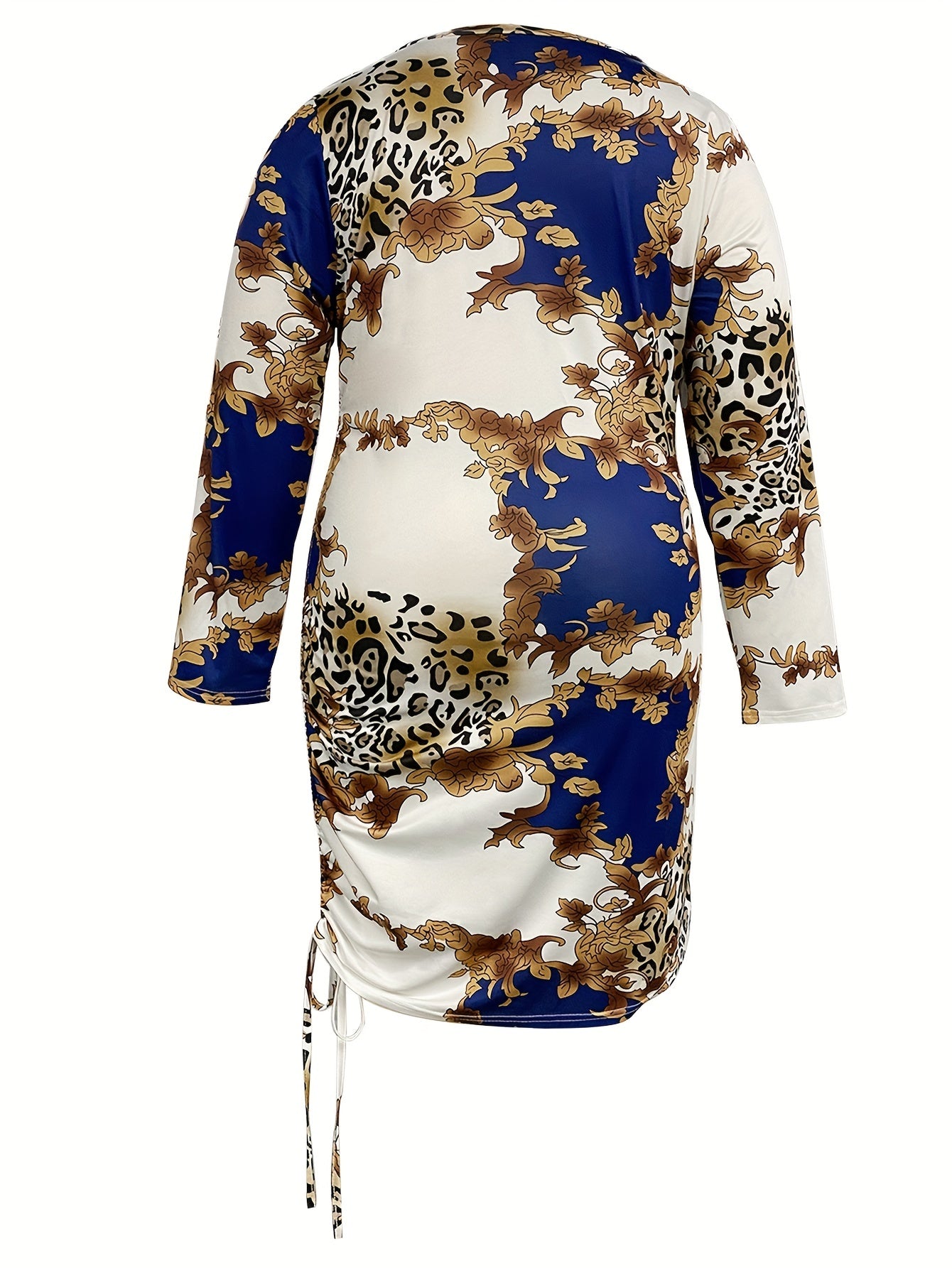 Plus Size Baroque Print Ruched Long Sleeve Bodycon Midi Dress