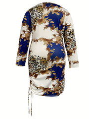 Plus Size Baroque Print Ruched Long Sleeve Bodycon Midi Dress