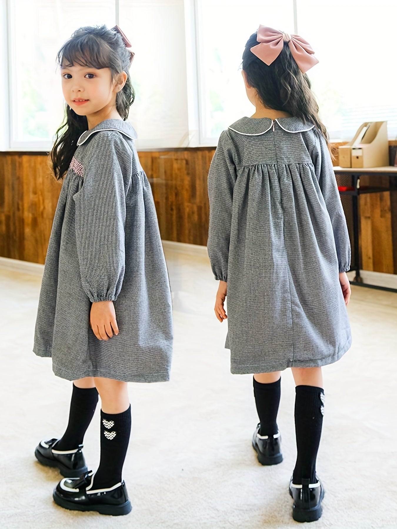 Girls Fleece Houndstooth Doll Collar Princess Dress Autumn Winter