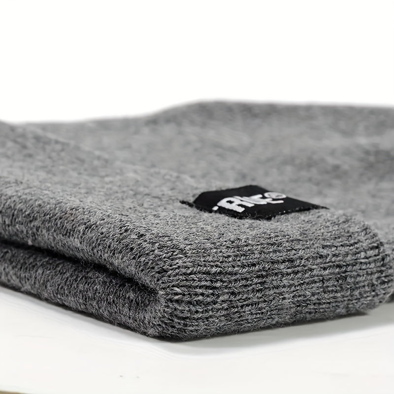 Label Patch Unisex Beanie Solid Casual Elastic Knit Hat Skull Cap Warm Beanies