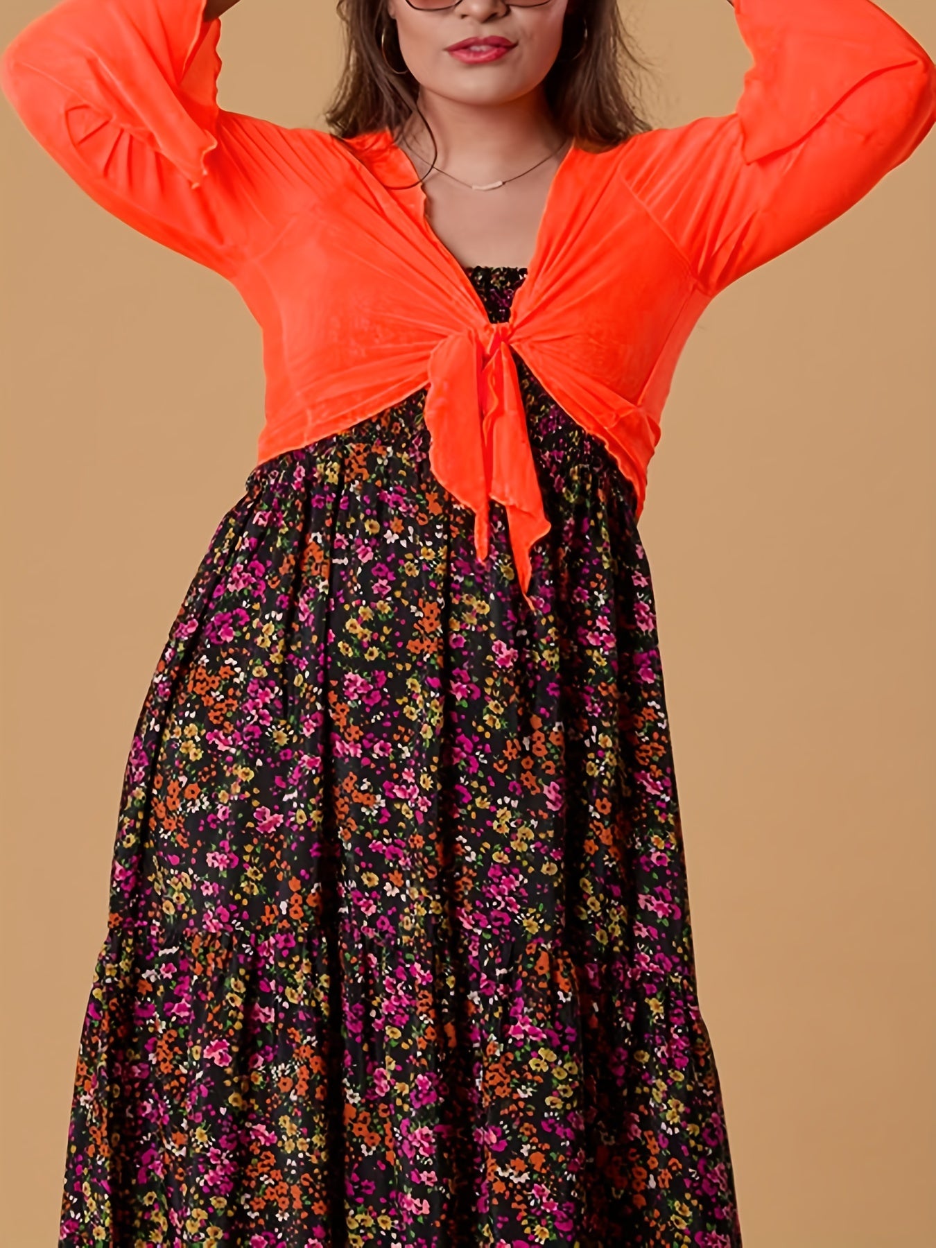 Solid Mesh Knot Front Bell Sleeve Cardigan Plus Size Semi-Sheer Top