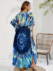 Plus Tie Dye Batwing Sleeve V Neck Maxi Split Kaftan Cover Up Dress