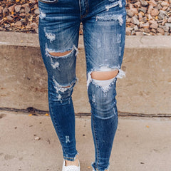 Retro Jeans Women's Plus Button Fly Cut Out Ripped High Stretch