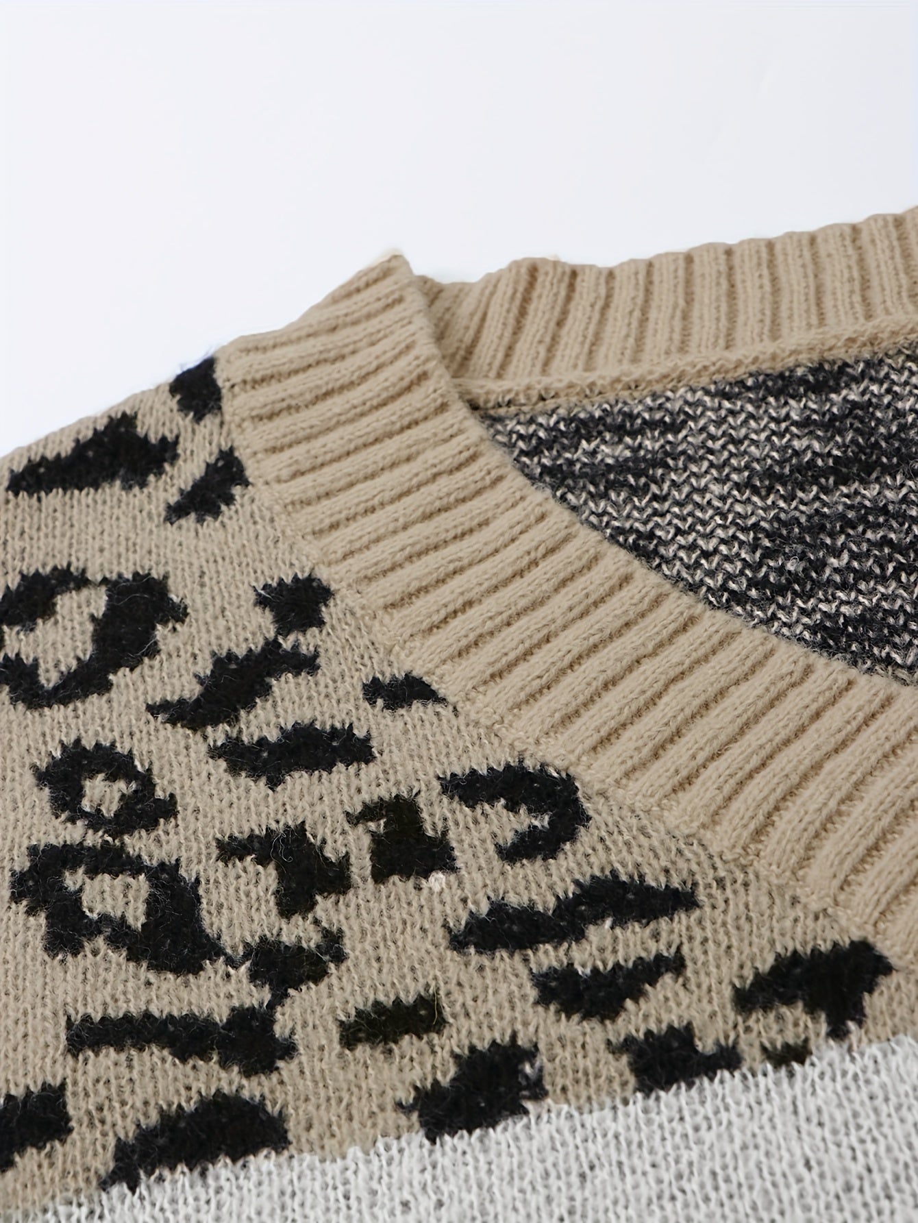 Colorblock Leopard Print V Neck Sweater