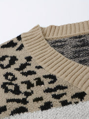 Colorblock Leopard Print V Neck Sweater