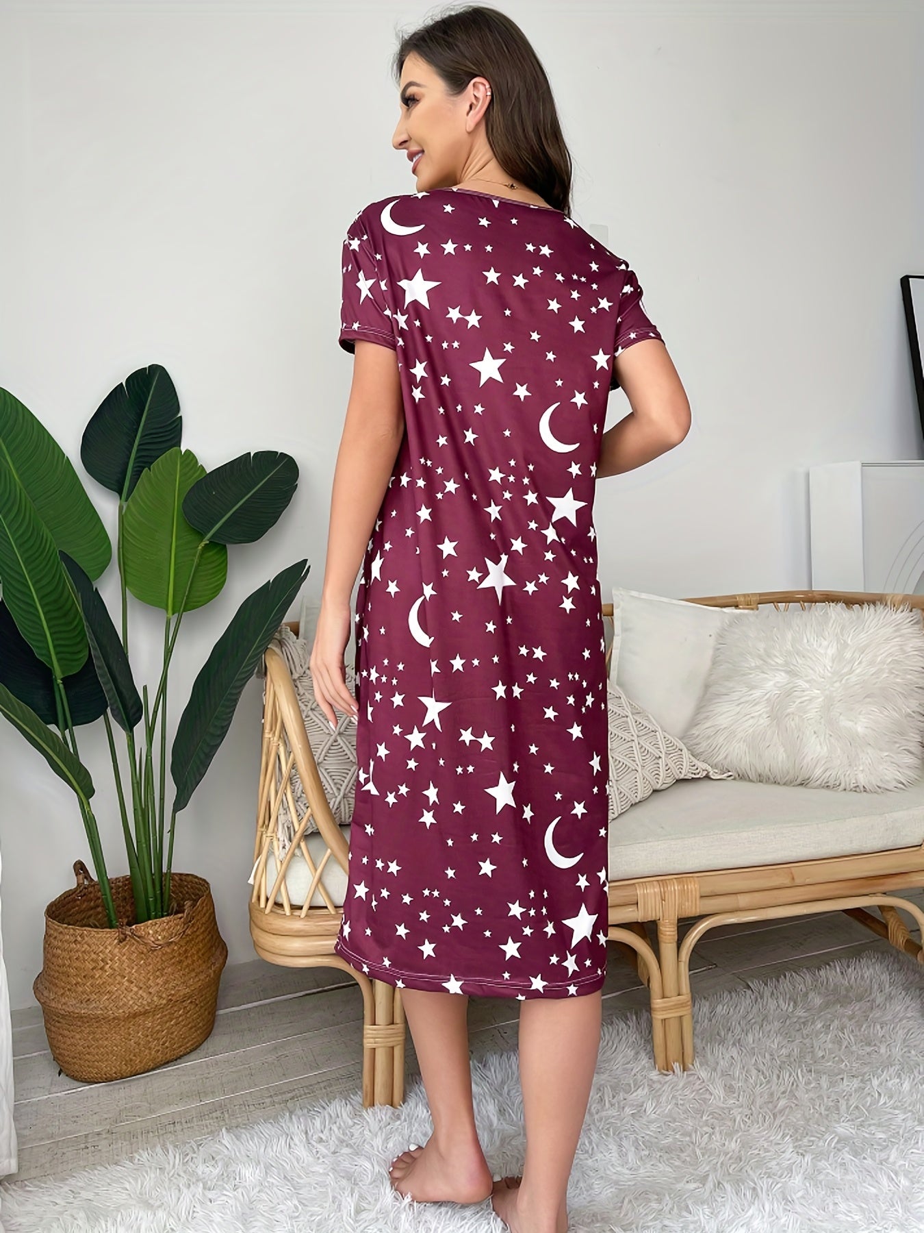 Star & Moon Print Nightdress Short Sleeve Sleep Dress Women's Sleepwear