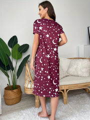 Star & Moon Print Nightdress Short Sleeve Sleep Dress Women's Sleepwear