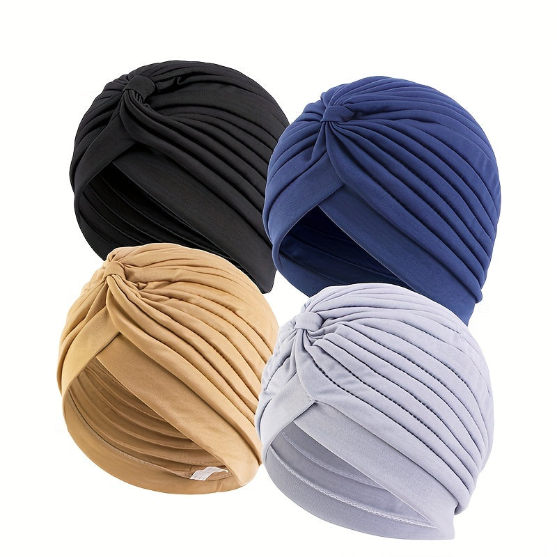 Solid Turban Cap Pleated Head Wrap Elastic Bonnet Women Ramadan Hijab Chemo Hats