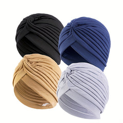 Solid Turban Cap Pleated Head Wrap Elastic Bonnet Women Ramadan Hijab Chemo Hats
