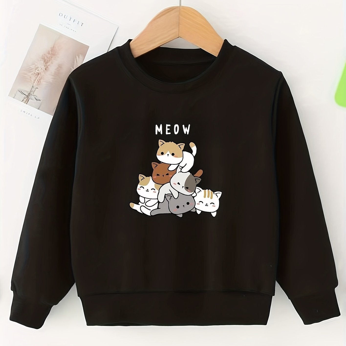 Girls Sweatshirt Stacking Cats Print Long Sleeve Top Pullovers