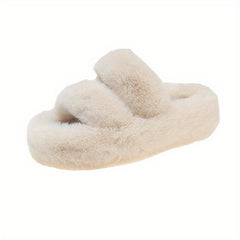 Fuzzy Open Toe Slippers Double Strap Casual Slip On Shoes