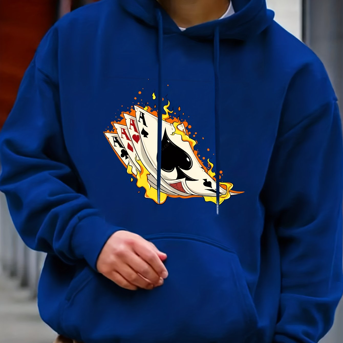 Poker On Fire Print Hoodie Men's Graphic Pullover Hooded Sweatshirt