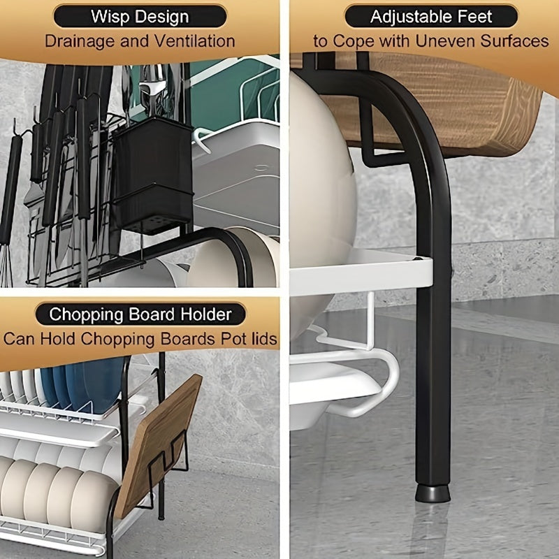 2 Tier Dish Drying Rack with Drain Board Hooks for Countertops