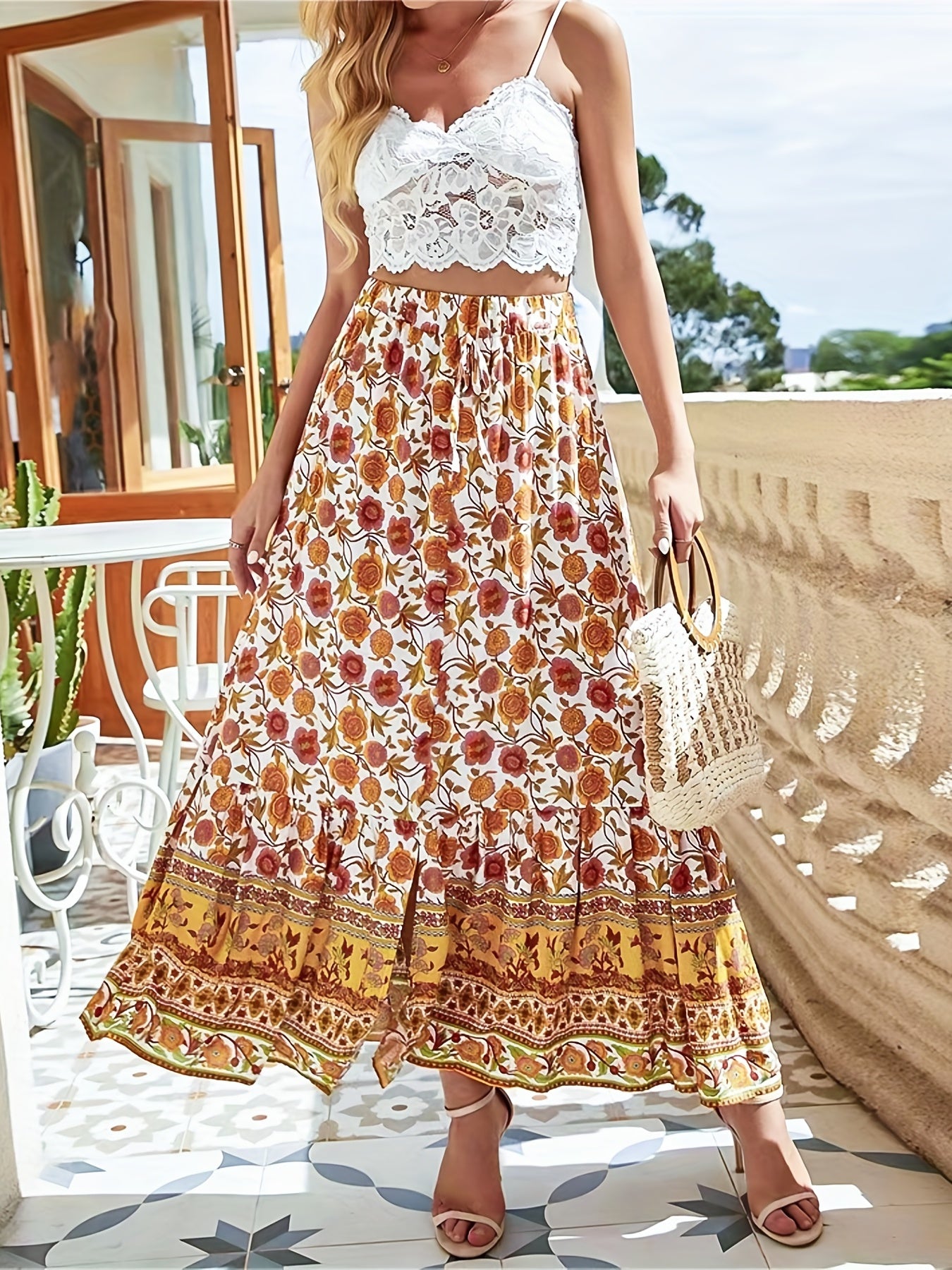 Boho Skirt Women's Plus Border Floral Print High Waist Maxi Skirt