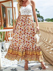 Boho Skirt Women's Plus Border Floral Print High Waist Maxi Skirt