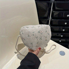 Casual Straw Woven Crossbody Bag Heart Shaped Flower Crossbody Bag