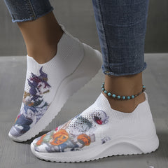 Women's Pumpkin Pattern Sneakers Low Round Toe Non slip Knit Breathable Shoes
