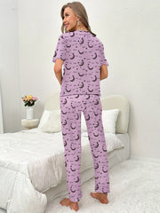 Moon Print Pajama Set Short Sleeve Top & Pants