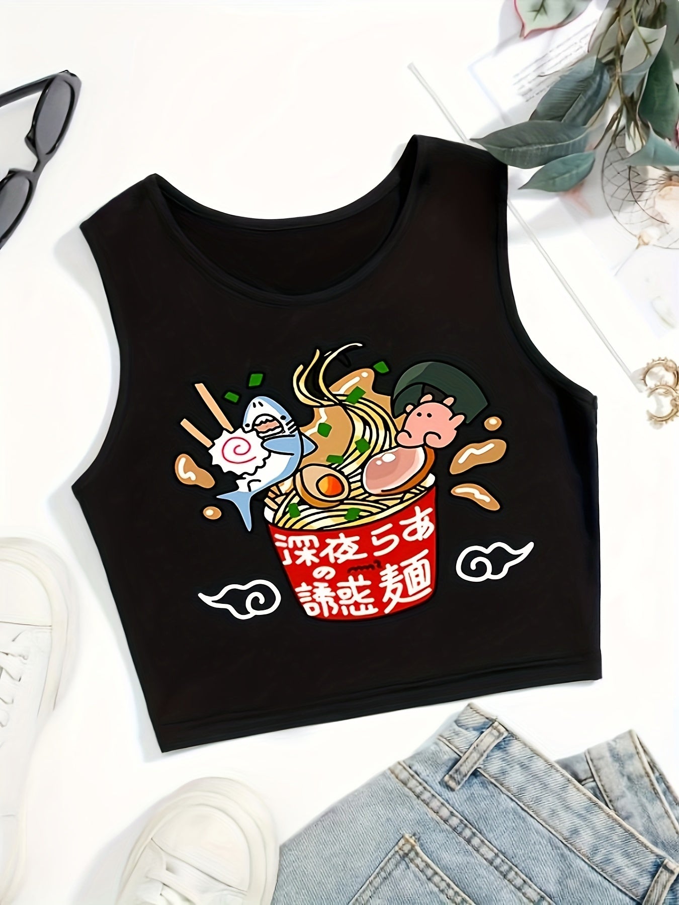 Noodles Print Crop Tank Top Sexy Summer Sleeveless Casual Top