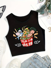 Noodles Print Crop Tank Top Sexy Summer Sleeveless Casual Top