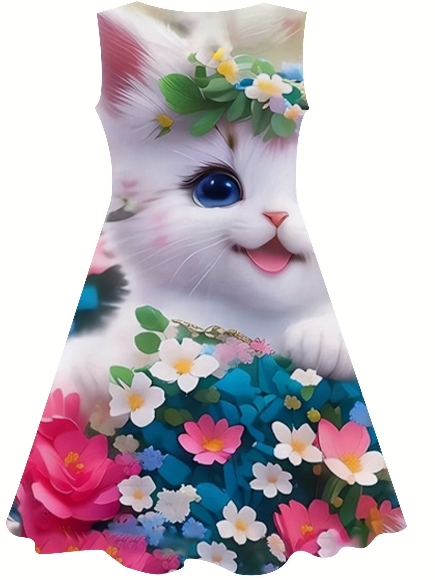 Girls Kitty & Flower Sleeveless Dress Comfy Summer Outdoor